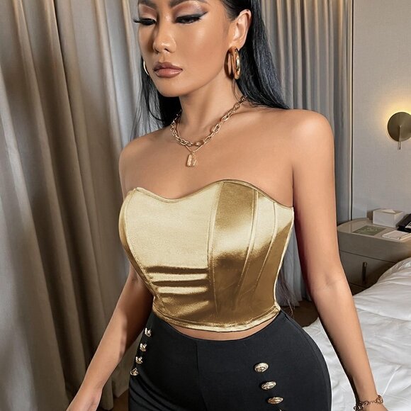 Khaki Casual Womens Satin Crop Bandeau Top - Picture 3 of 5